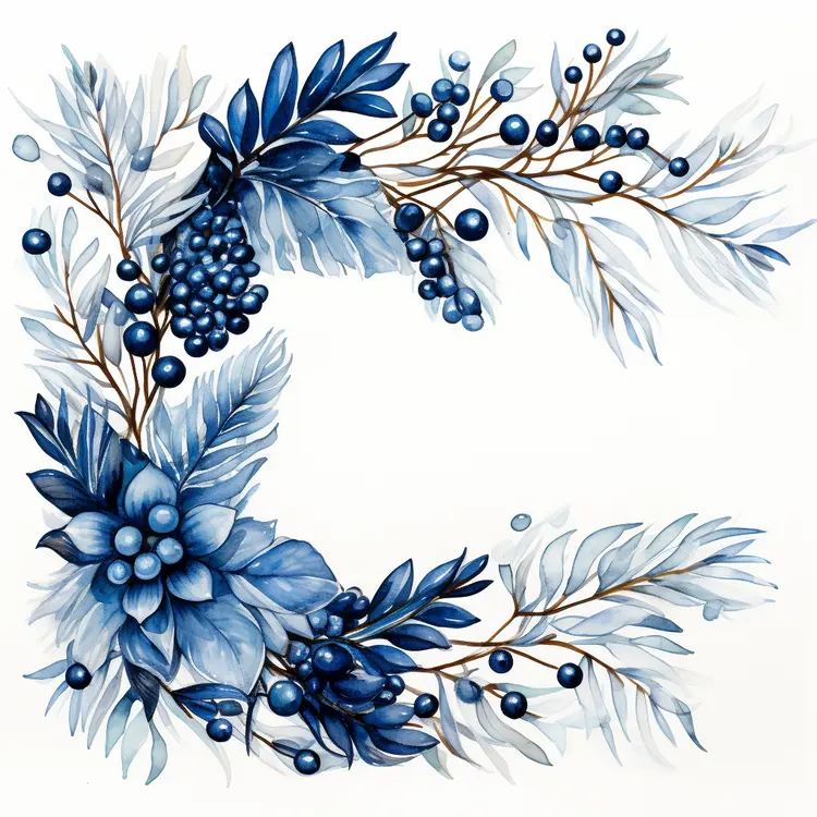 Blue Floral Wreath with Leaves and Berries