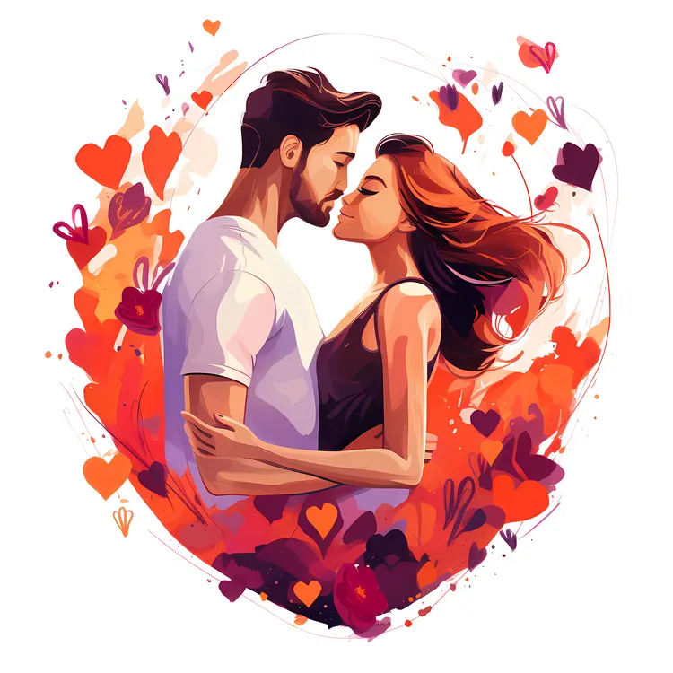 Romantic Couple Surrounded by Hearts