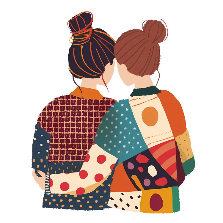 Two People Hugging in Colorful Patchwork Clothes