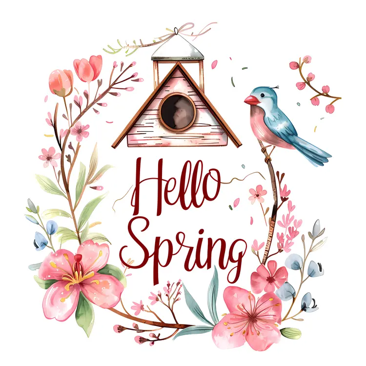 Spring Birdhouse with Flowers and Bird