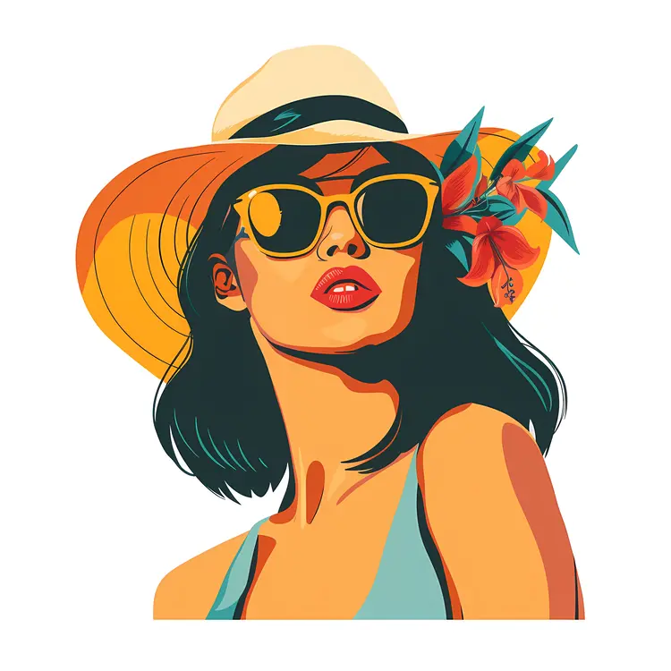 Woman in Hat with Flower and Sunglasses