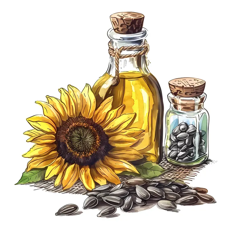 Sunflower Oil Bottle with Seeds and Sunflower