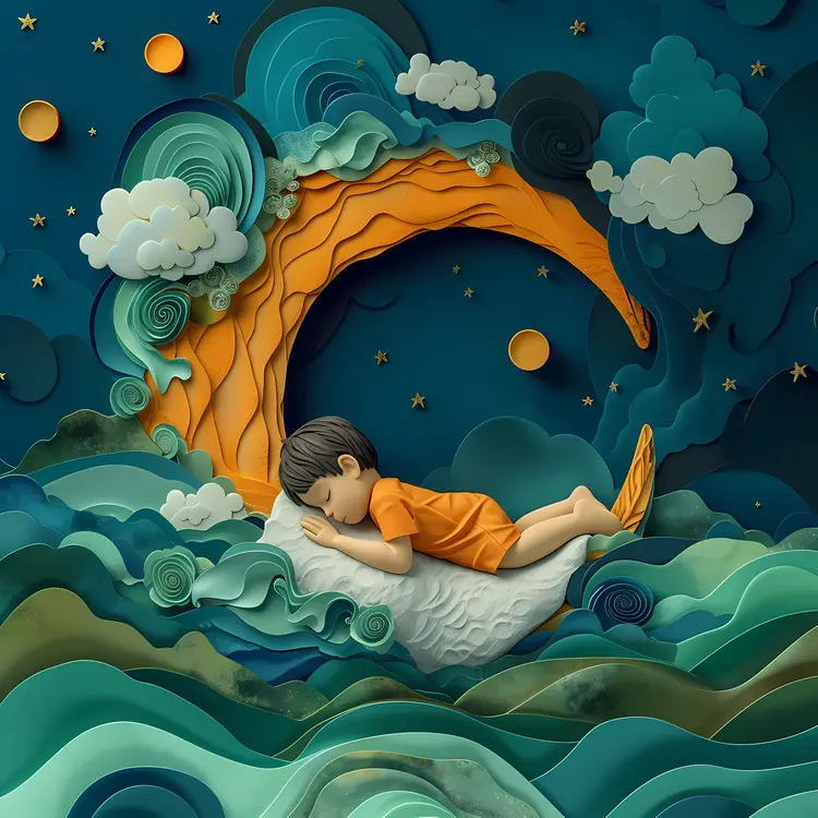 Sleeping Child with Brown Hair in Starry Night