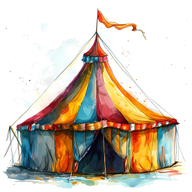 Watercolor Circus Tent with Red and Yellow Stripes