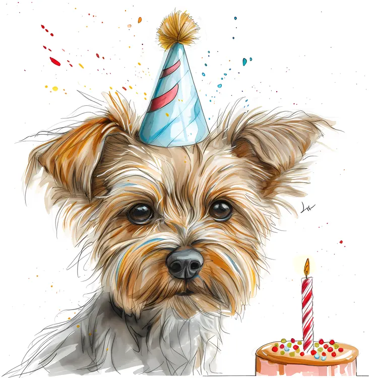 Brown Dog with Birthday Hat and Cake