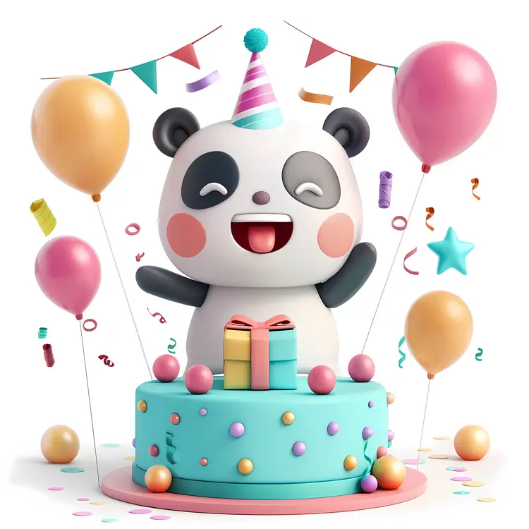 Cute Panda Celebrating with Cake and Balloons