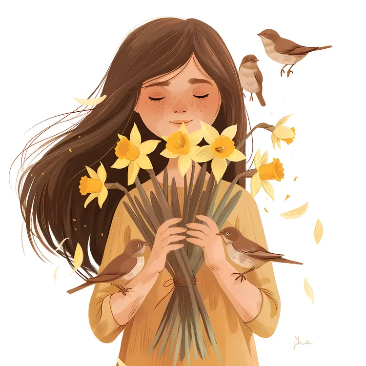 Girl with Yellow Flowers and Birds