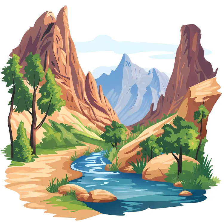 Mountain Landscape with River and Trees