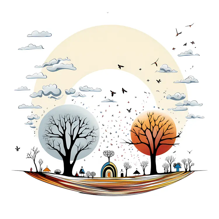 Tree with Birds and Clouds in a Sunny Landscape