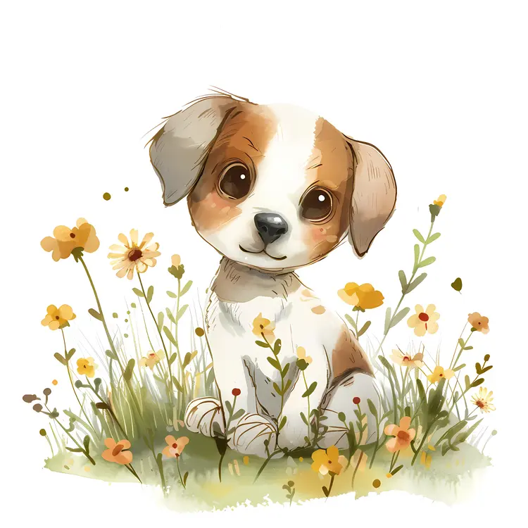 Cute Cartoon White and Brown Puppy with Flowers