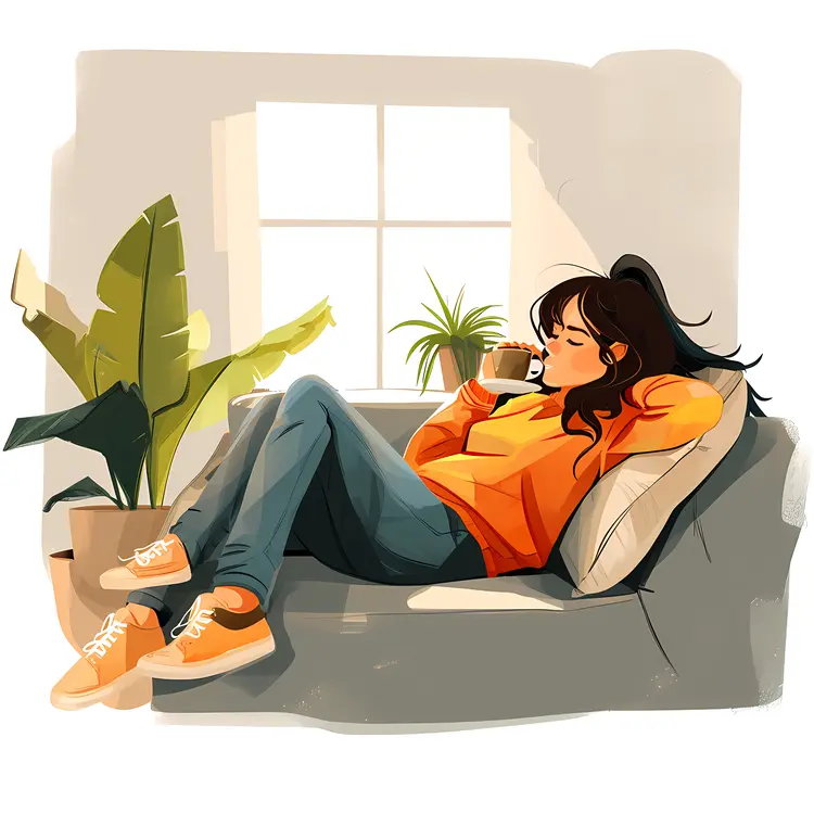 Girl Relaxing with Cup on Couch