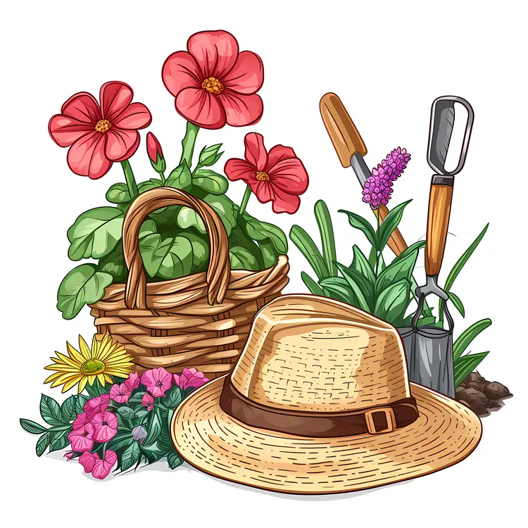 Gardening Tools and Flowers with Straw Hat