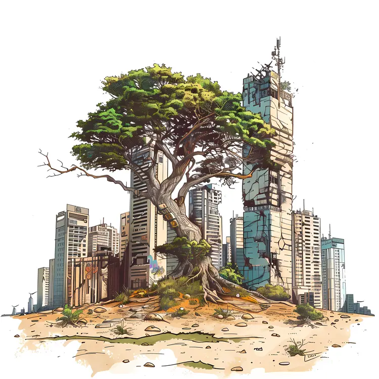 Tree Amidst Urban Skyscrapers