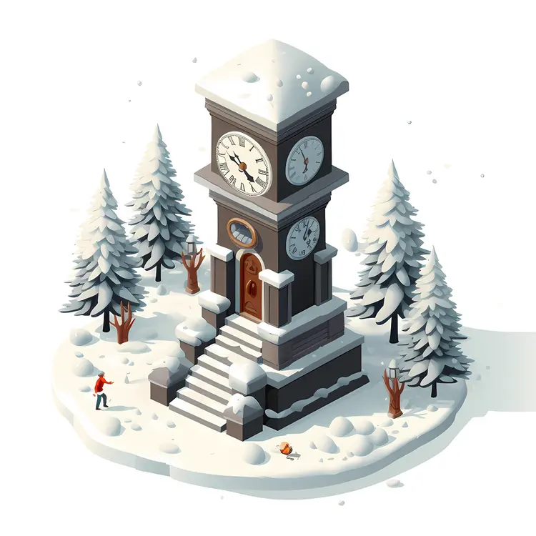 Snowy Clock Tower in Winter Scene