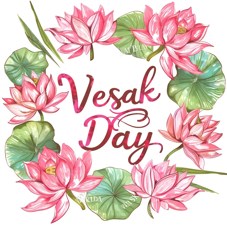 Pink Lotus Flowers in Watercolor Wreath for Vesak Day