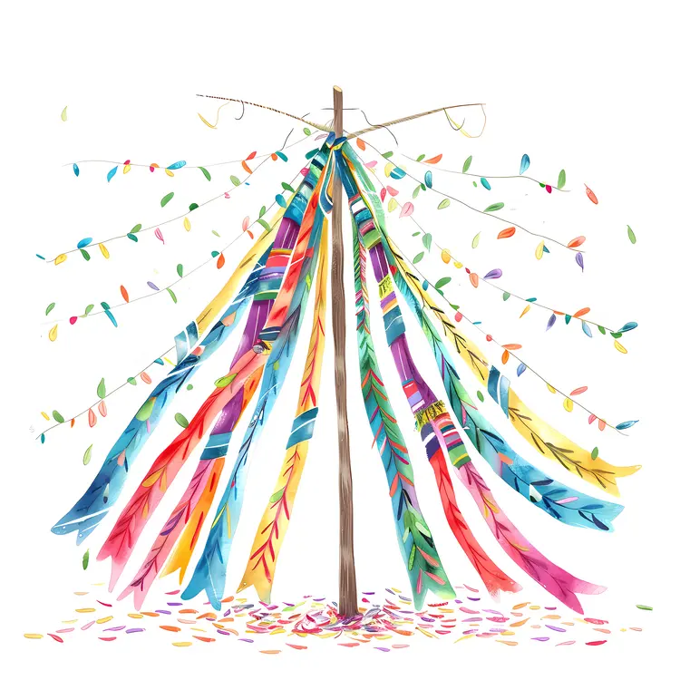 Colorful Ribbons on Decorative Pole for May Day Celebration