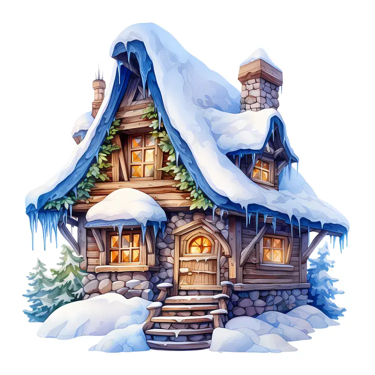 Snowy Cottage with Icicles