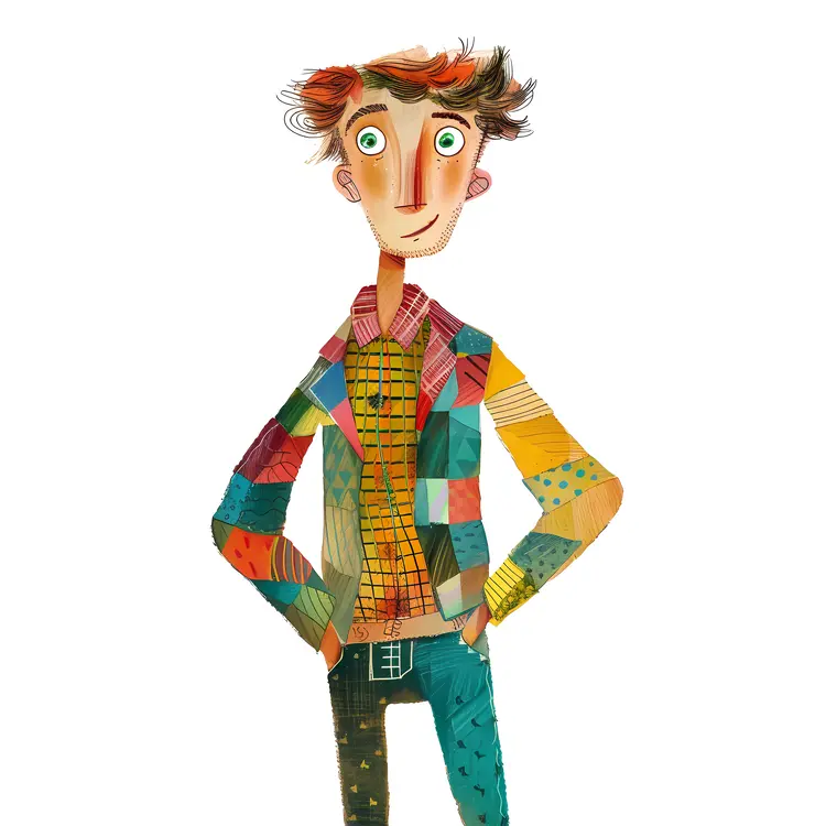 Whimsical Cartoon Man in Colorful Patchwork Jacket
