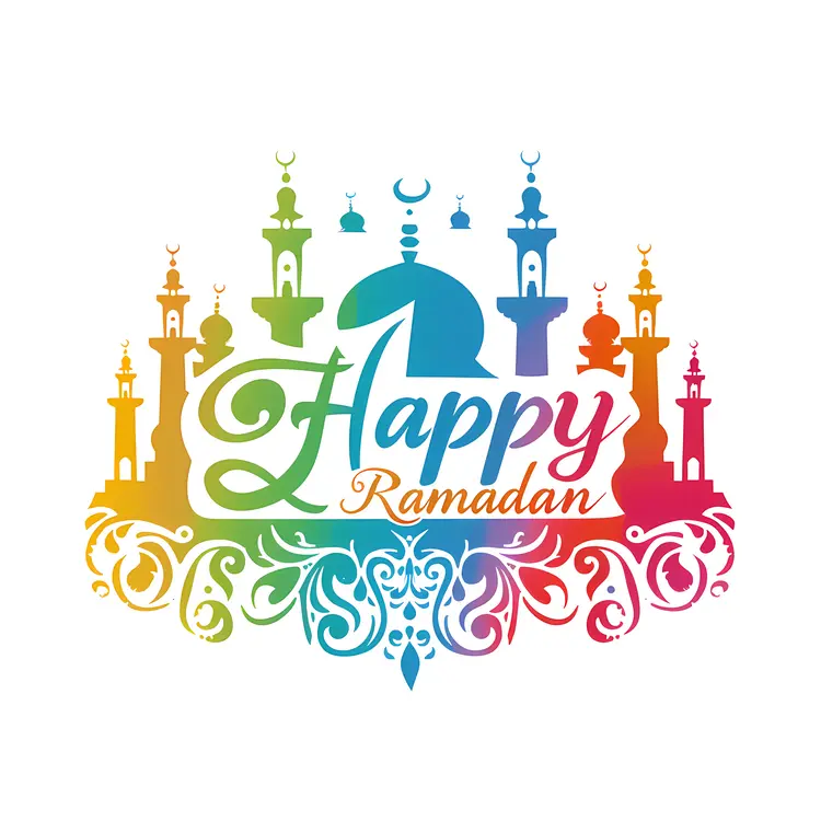 Colorful Mosque Silhouette with Happy Ramadan Text