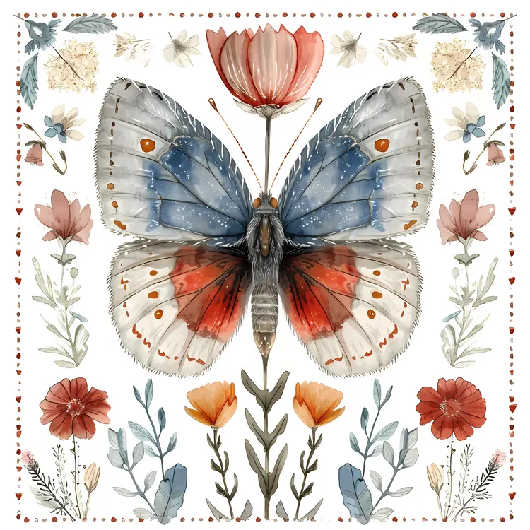 Blue and Red Butterfly with Floral Patterns