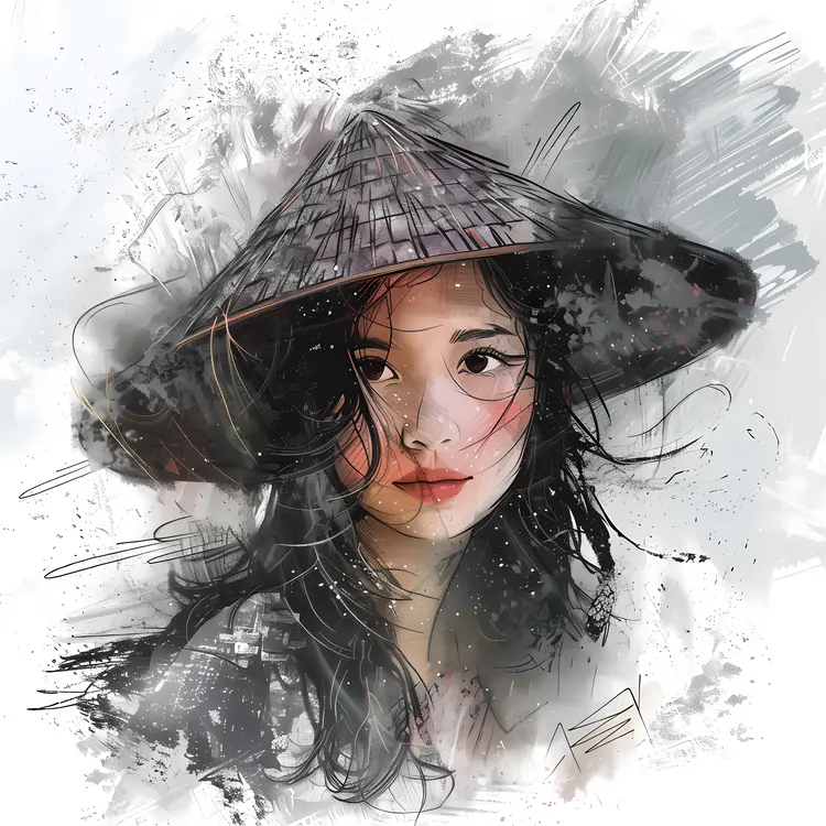 Mysterious Woman in Conical Hat Illustration