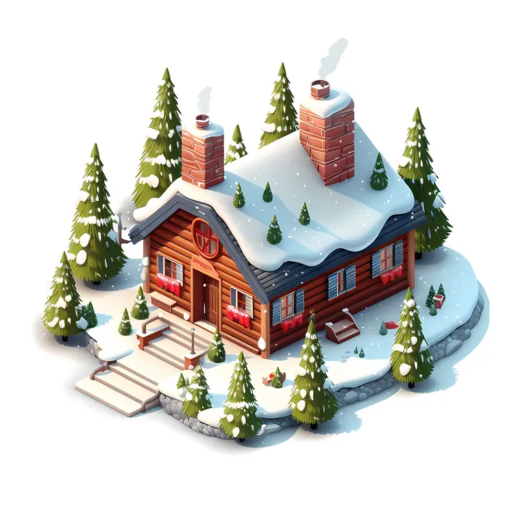 Snowy Wooden Cabin with Trees