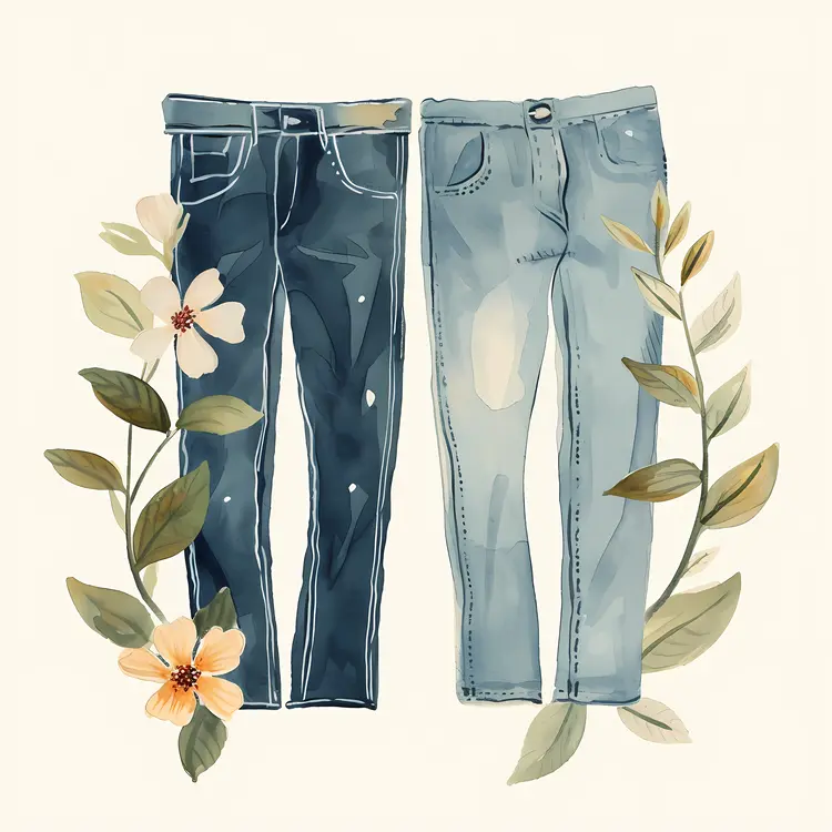 Two Pairs of Jeans with Flowers Illustration