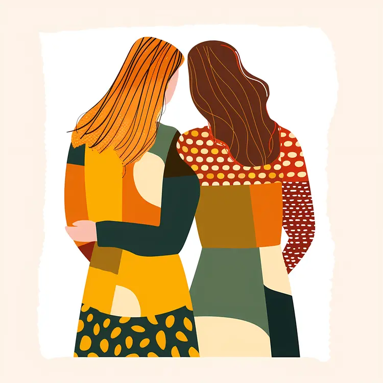 Two Women Embracing in Patchwork Clothing