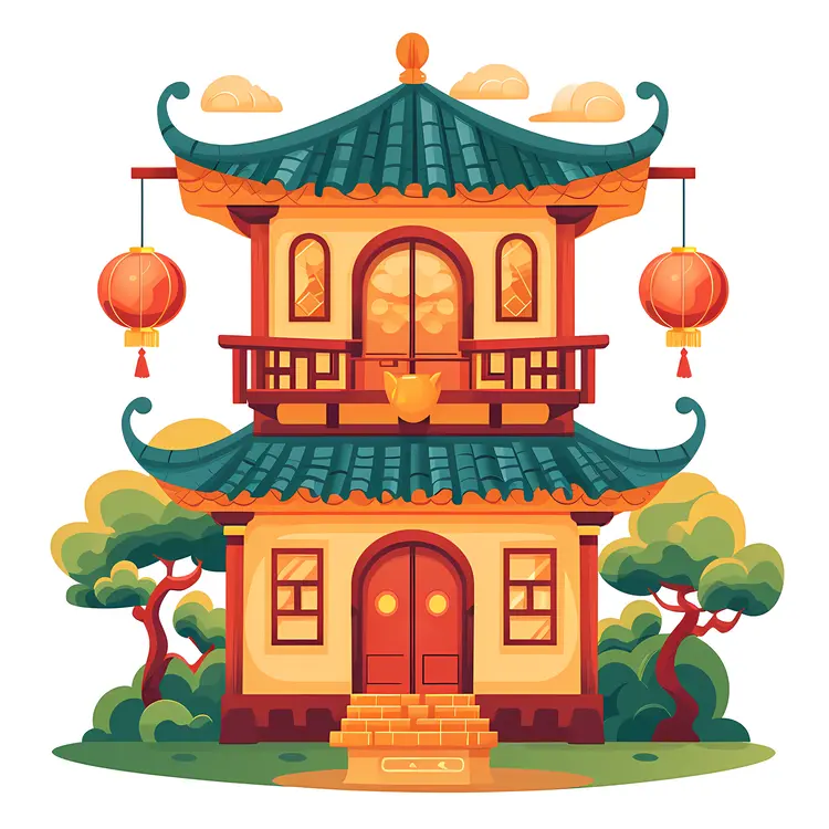 Yellow and Green Chinese House with Lanterns