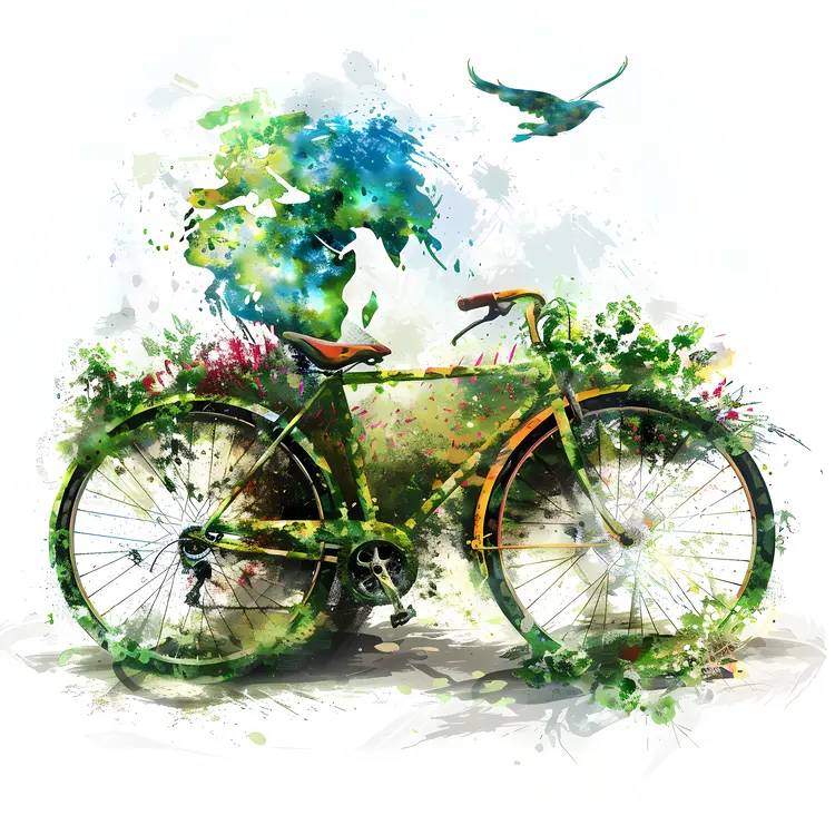 Green Bicycle with Watercolor Nature Background
