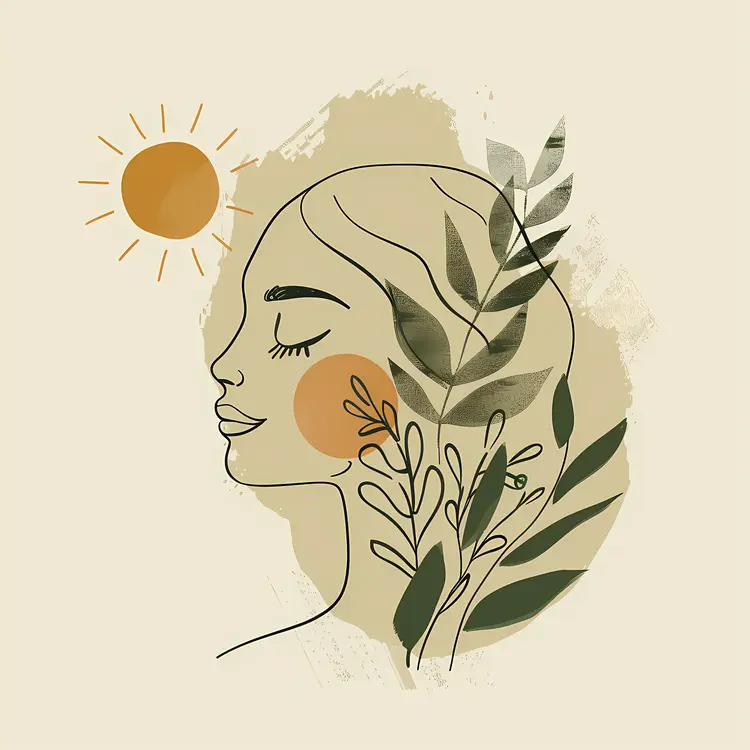 Artistic Illustration of a Woman with Sun and Leaves