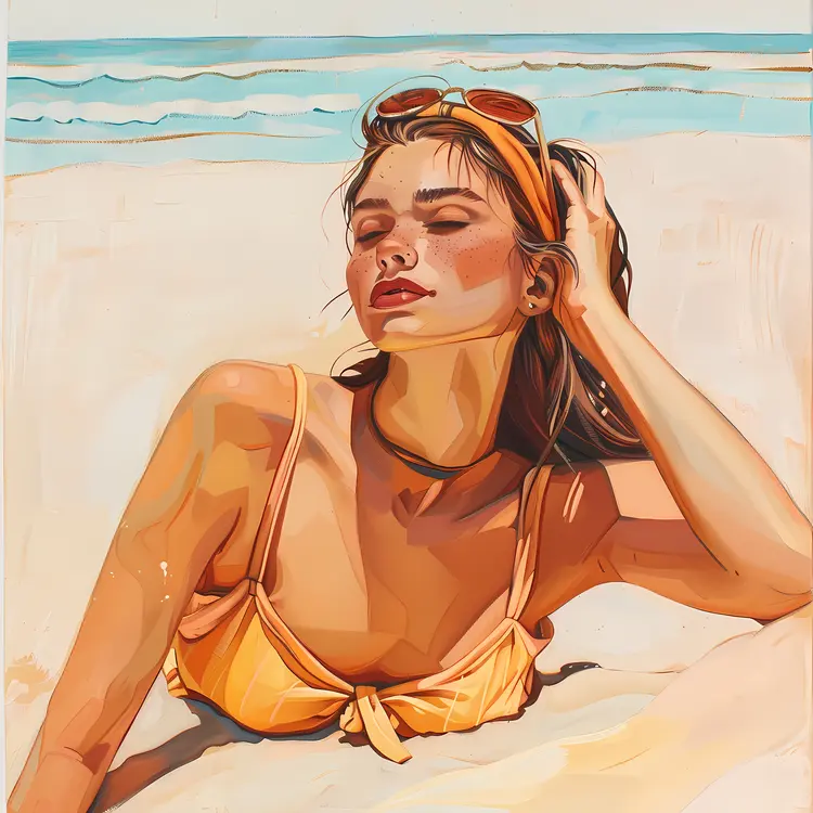 Woman Sunbathing on Beach with Sunglasses