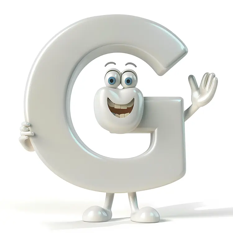 White G Alphabet Character with Eyes and Waving Hand