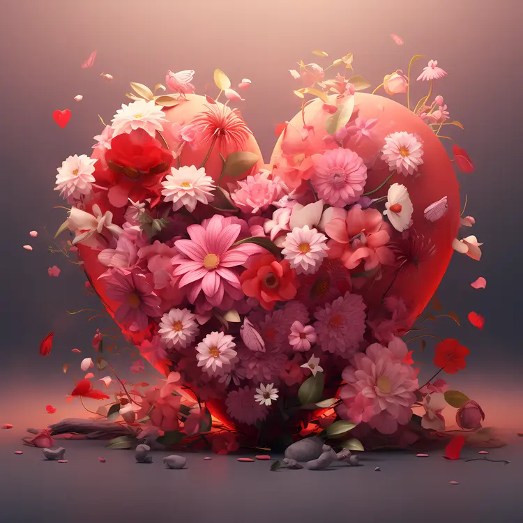 Heart with Pink and Red Flowers for Valentine's Day