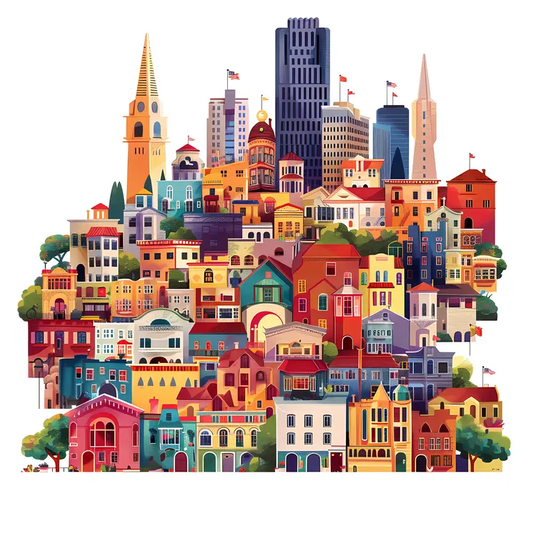 Vibrant Cityscape Illustration with Various Buildings