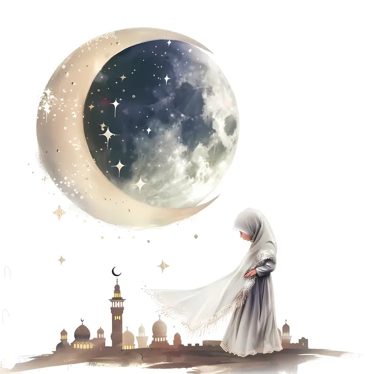 Girl Praying Near Mosque with Crescent Moon