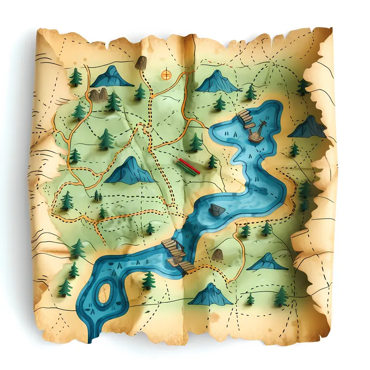 Old Treasure Map with River and Mountains