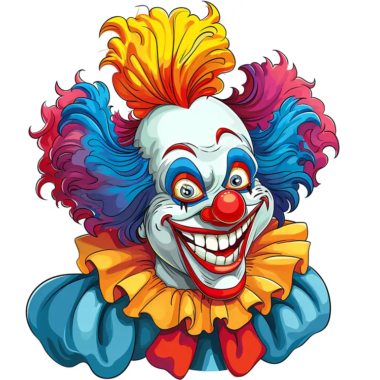 Creepy Clown with Colorful Hair and Yellow Collar