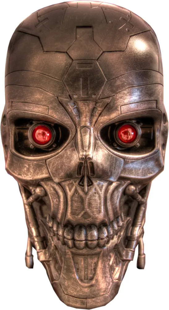 Metallic Robot Skull with Red Eyes