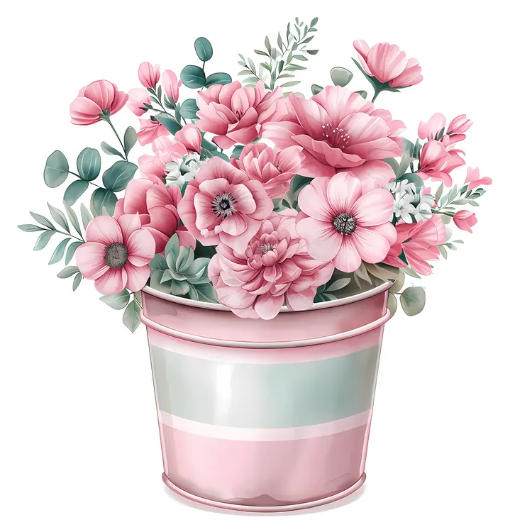 Pink and White Peonies in Striped Bucket
