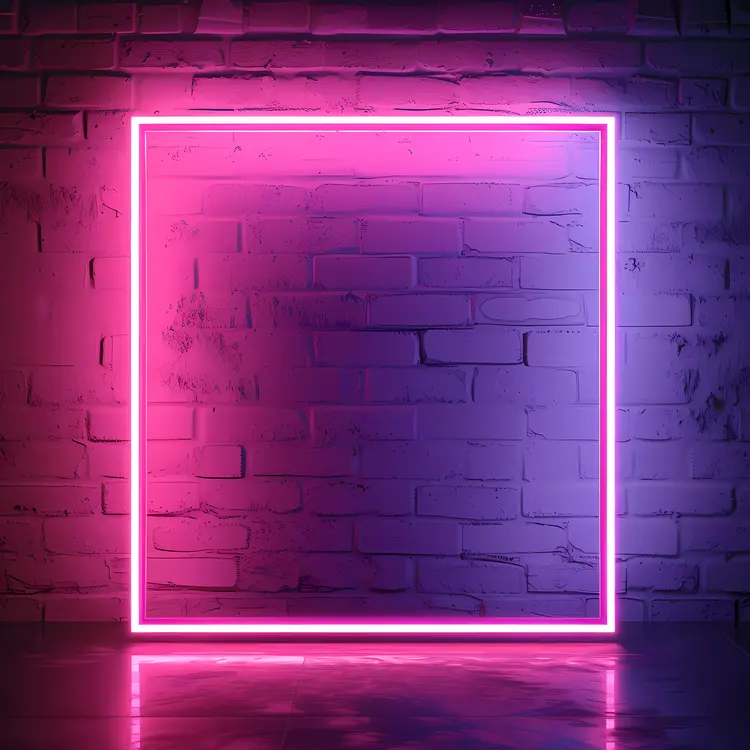 Neon Square Frame with Pink Glow on Brick Wall