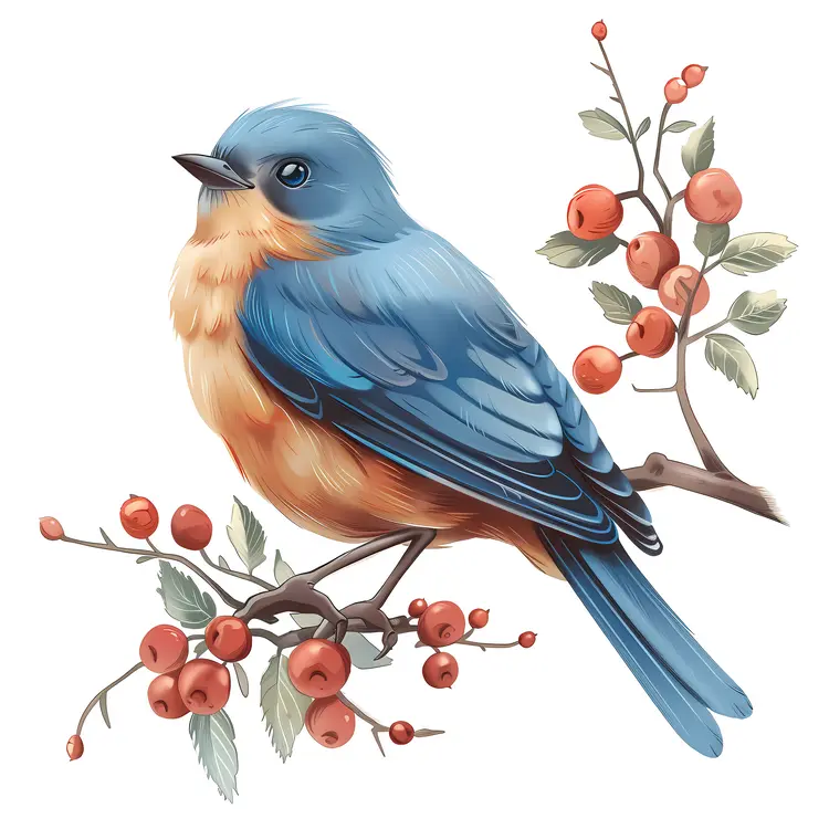 Blue Bird Perched on a Branch with Berries