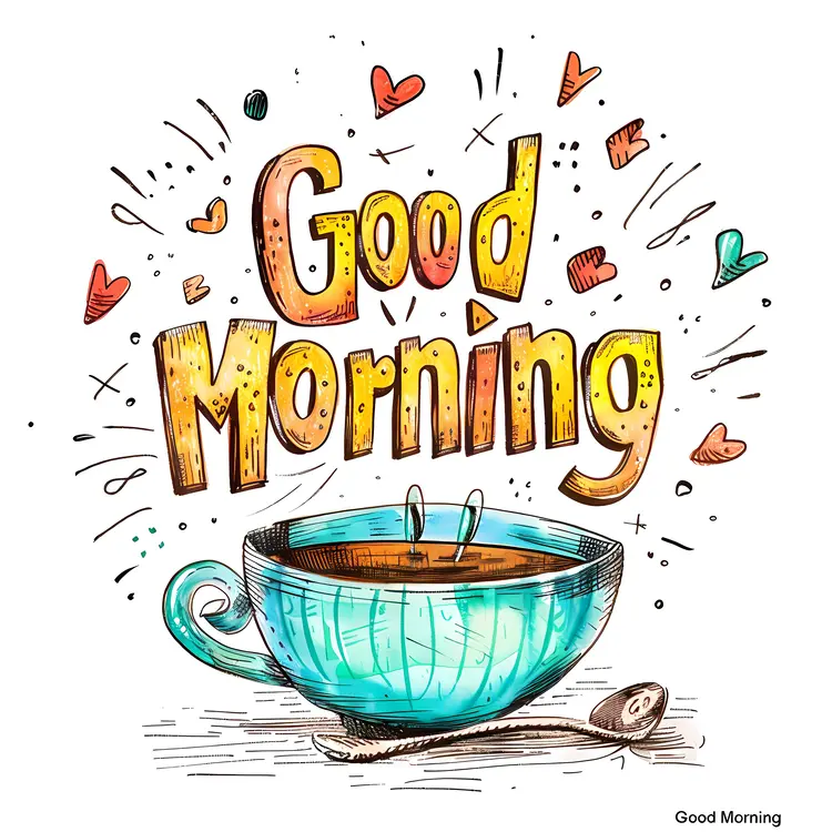 Colorful Good Morning with Coffee Cup and Hearts