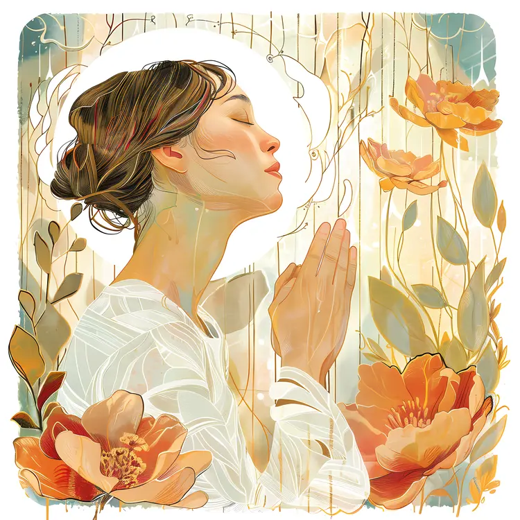 Tranquil Woman Praying with Floral Surroundings