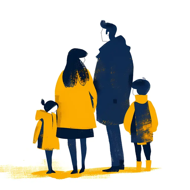 Family in Yellow and Blue Coats