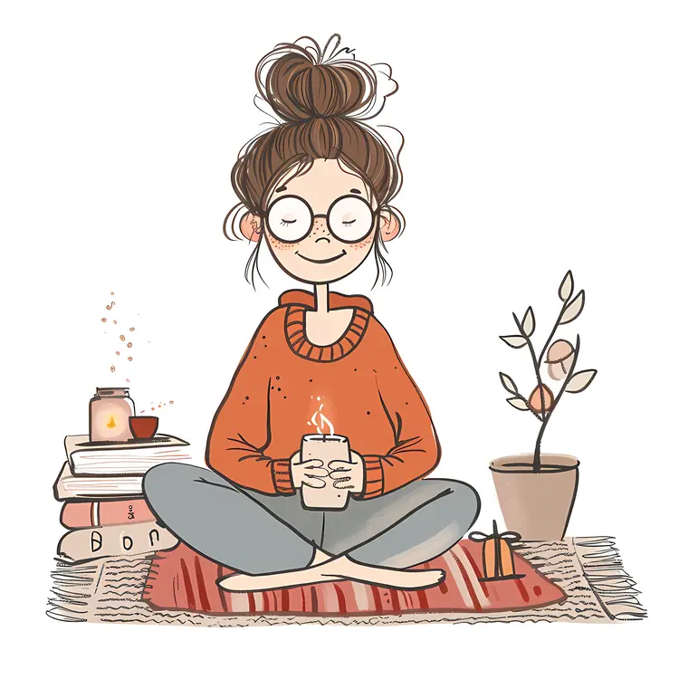 Woman Holding Candle with Books and Plants