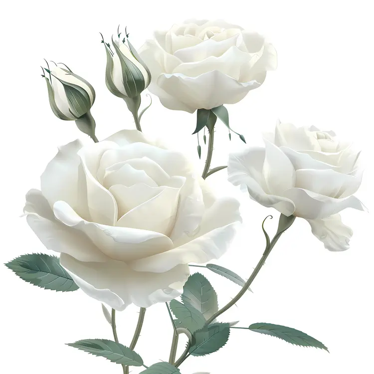 Elegant White Roses with Buds and Leaves