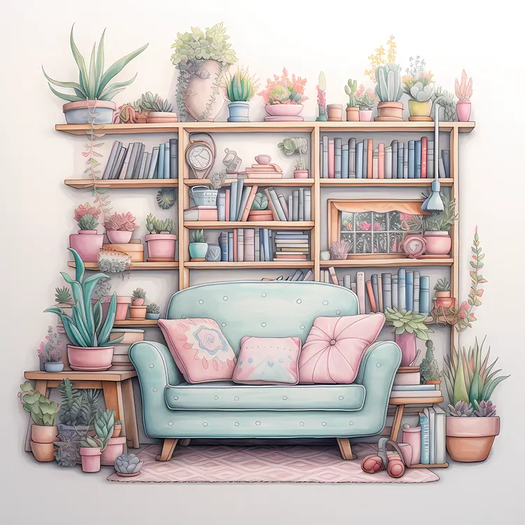 Cozy Mint Green Sofa with Bookshelf and Plants