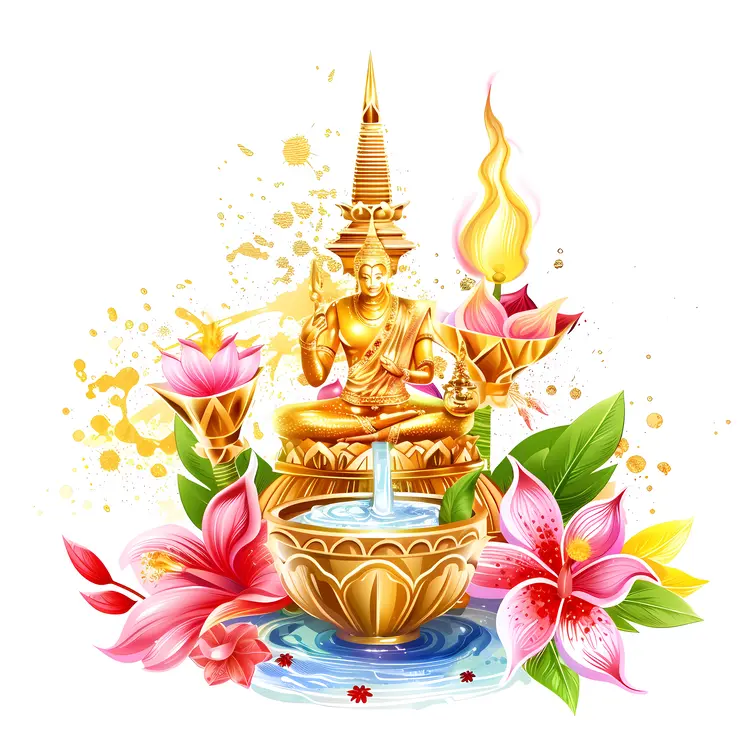 Golden Buddha Statue with Flowers