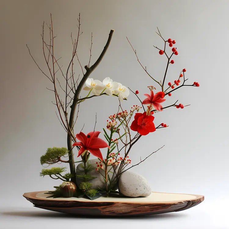 Ikebana Arrangement with White and Red Flowers